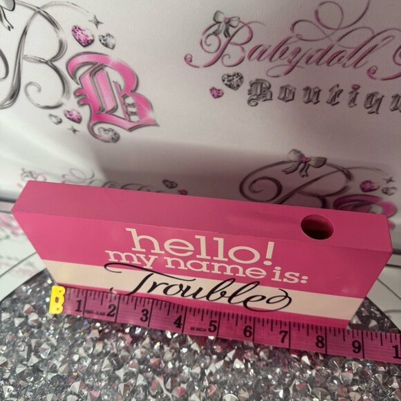 Decor wooden sign Hello my name is trouble white pink cute funny y2k home decor - Picture 4 of 8